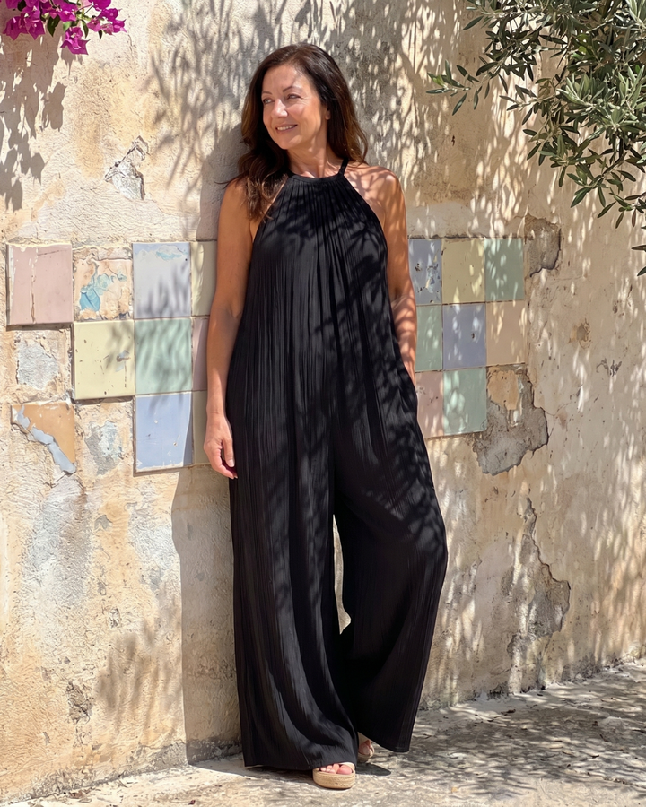 Sylvara | Relaxed Wide-Leg Pleated Halter Neck Jumpsuit