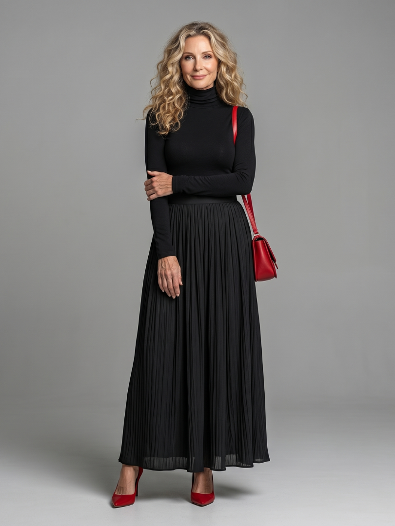 Lana | Long-Sleeve High-Neck Defined Waist Midi Dress