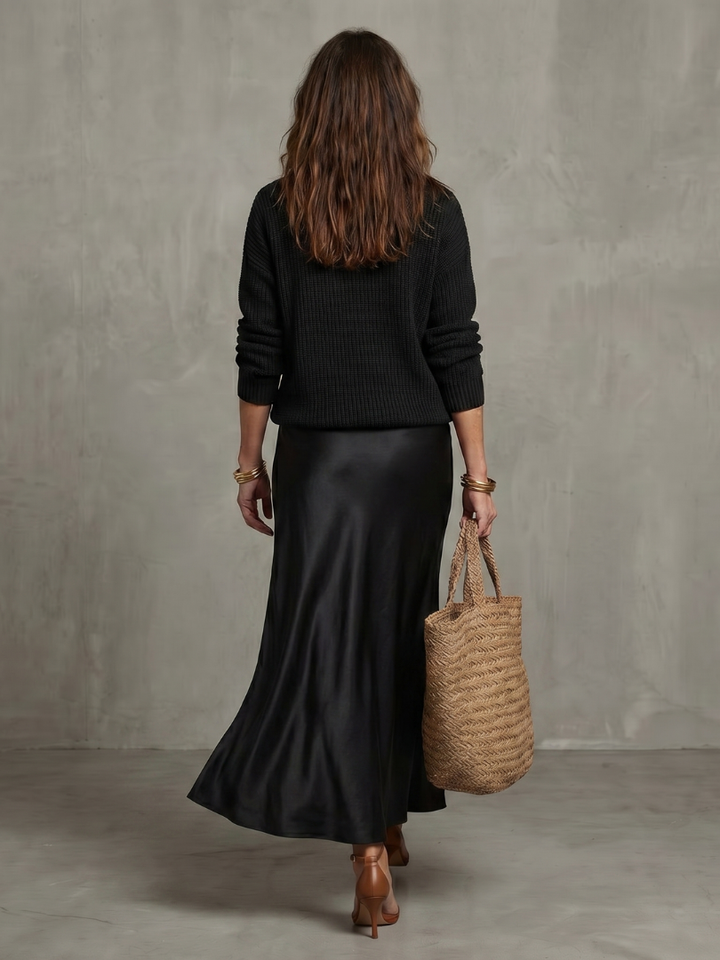 Luciana | V-Neck Sweater and Satin Bias-Cut Skirt Set