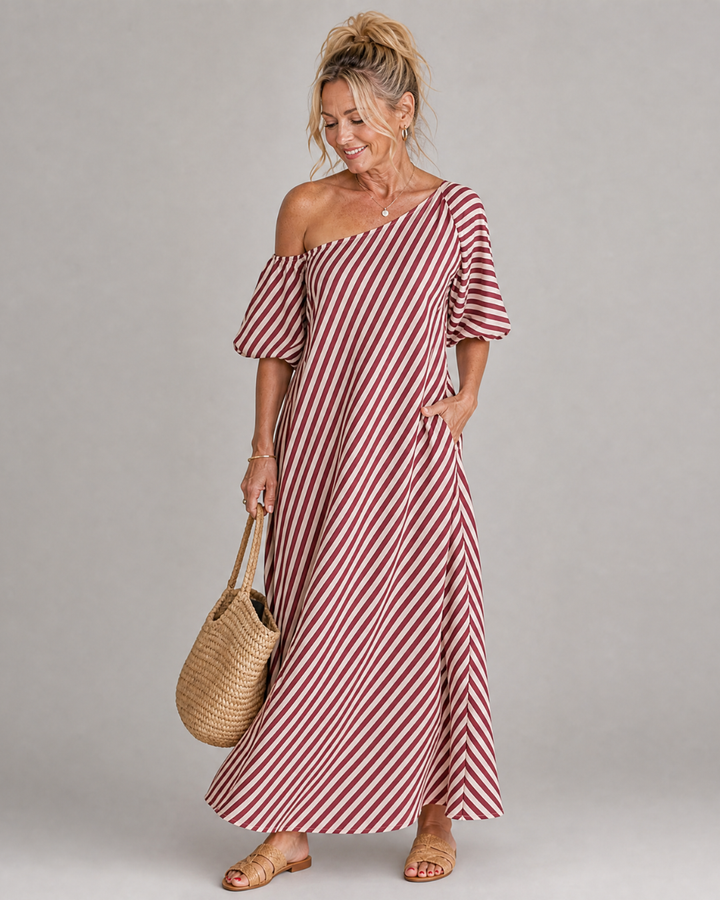 Zamrina | Striped Midi Dress with Off-Shoulder Ruffle Sleeves