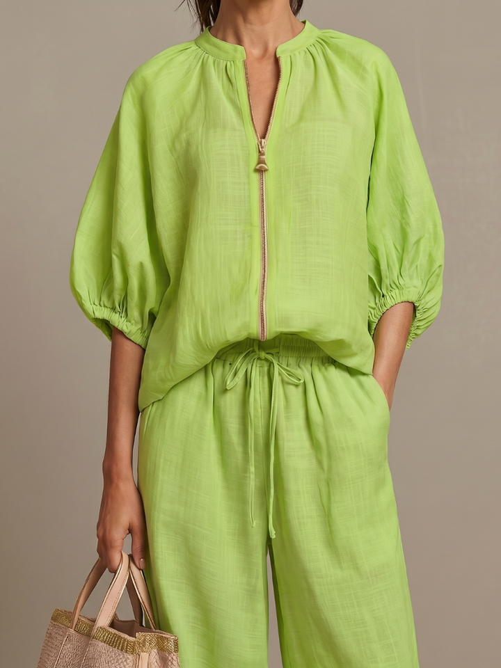 Natalia | Zip Blouson Top and Wide-Leg Trousers