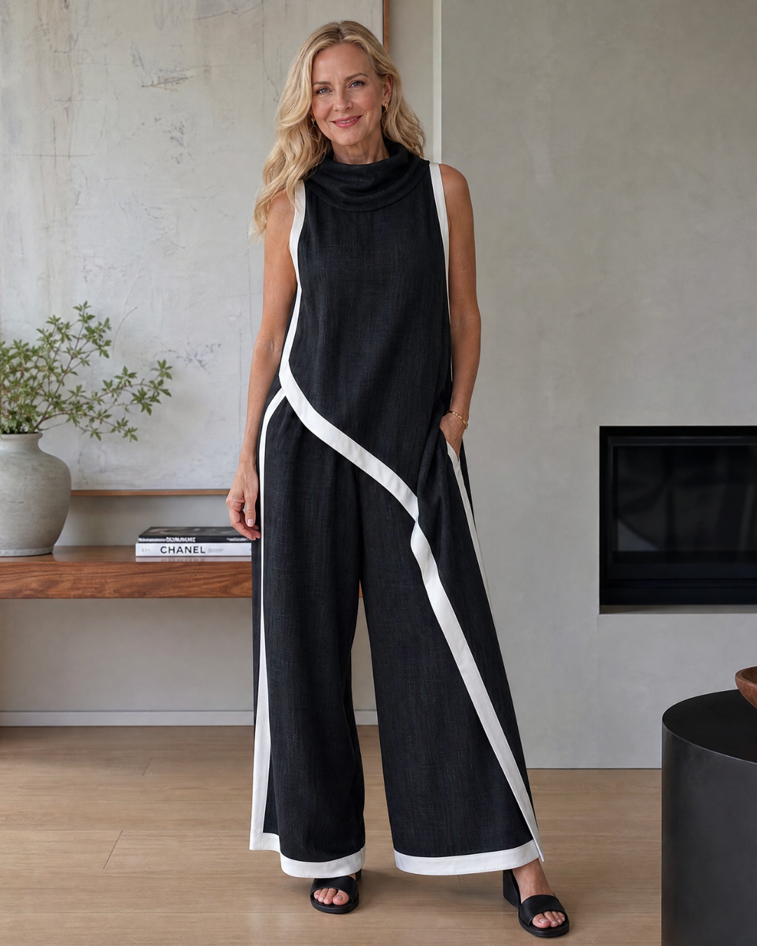 Valthera | Sleeveless Contrast-Trim Layered Top and Wide-Leg Trousers Set