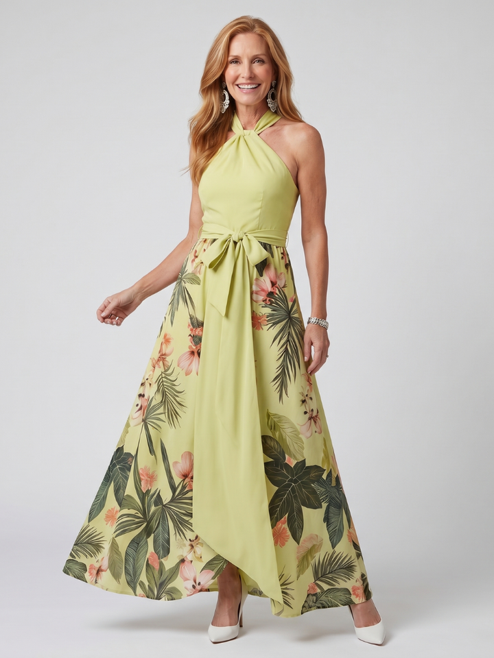 Meadow | Maxi Dress with Botanical Panel and Halter Neck