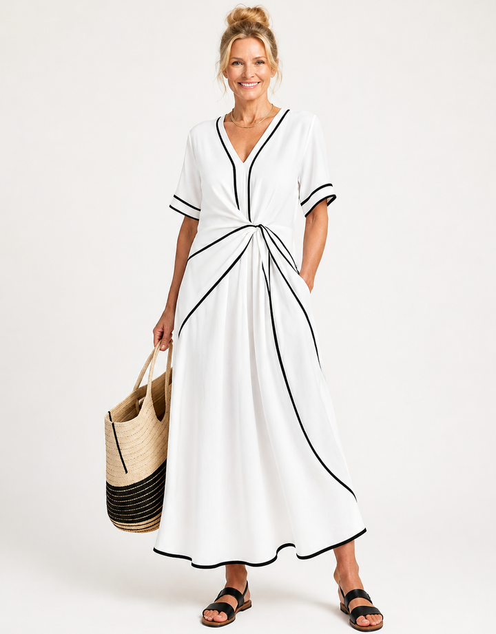 Linnea | Short Sleeve V-Neck Midi Dress with Gathered Waist