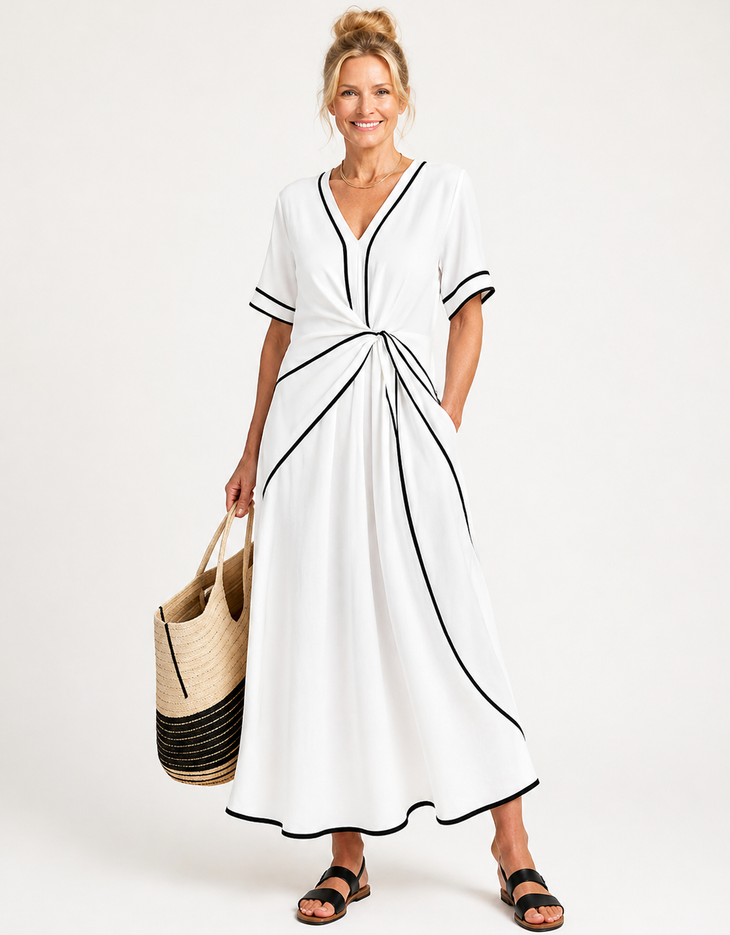 Linnea | Short-Sleeve V-Neck Gathered Waist Midi Dress