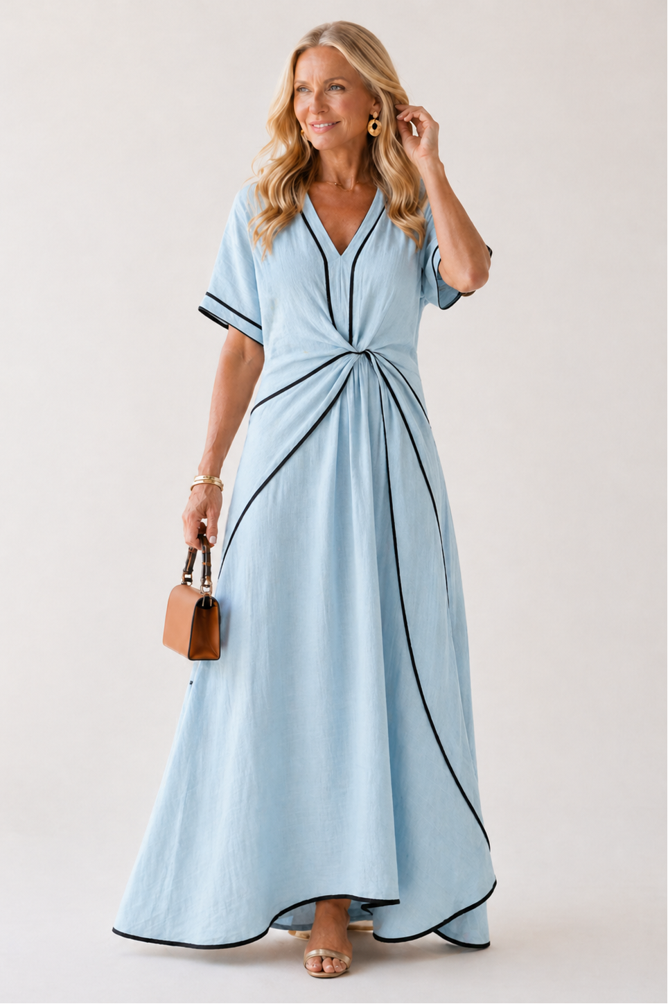 Linnea | Short-Sleeve V-Neck Gathered Waist Midi Dress
