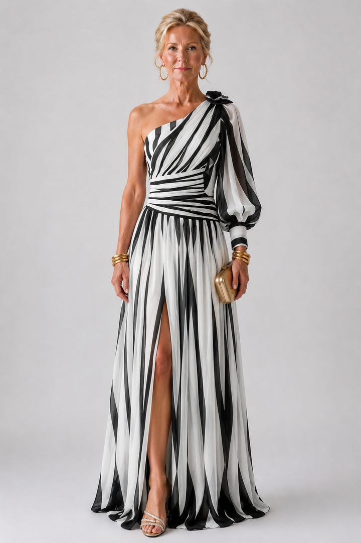 Stella & Grace™ | Elegant One-Shoulder Striped Maxi Dress