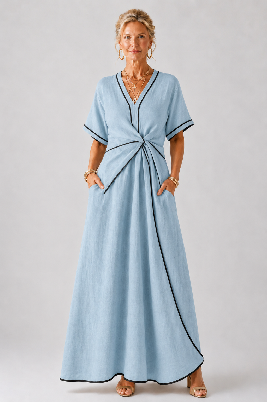 Linnea | Short-Sleeve V-Neck Gathered Waist Midi Dress