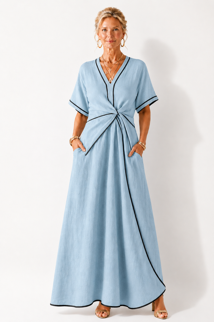 Linnea | Short Sleeve V-Neck Midi Dress with Gathered Waist
