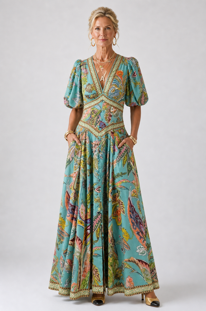 Stella & Grace™ | Lightweight Maxi Dress with Balloon Sleeves and V-Neck