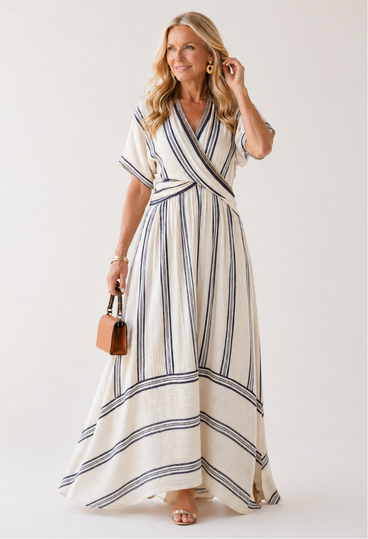 Thalassa | Wrap V-Neck Midi Dress with Short Sleeve