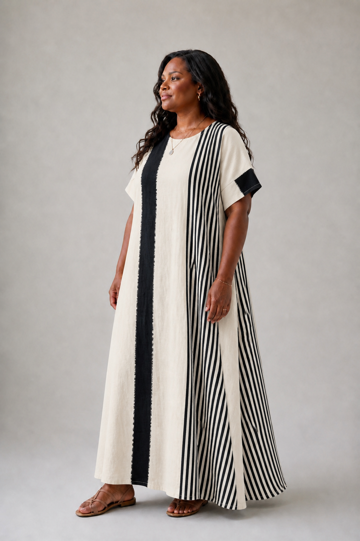 Elara | Striped Round Neck Short Sleeve Maxi Dress