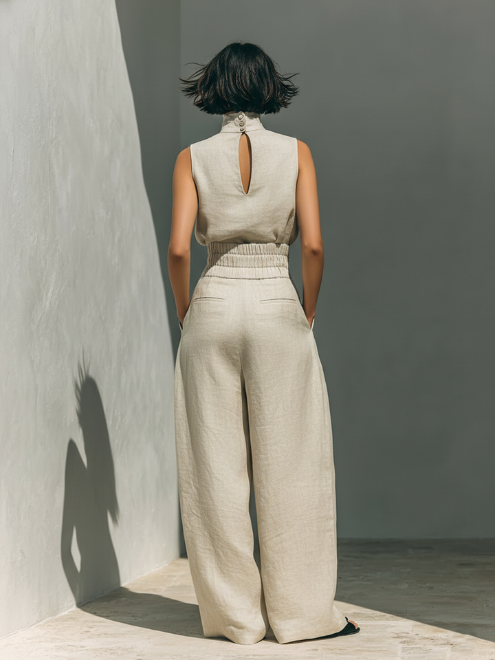 Maria - Minimalist Women's Cotton and Linen Tank Top and Wide-Leg Trousers Set