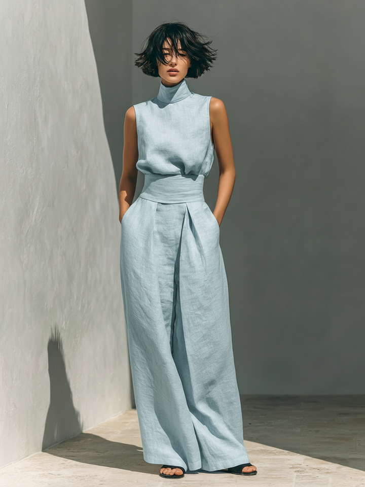 Maria - Minimalist Women's Cotton and Linen Tank Top and Wide-Leg Trousers Set