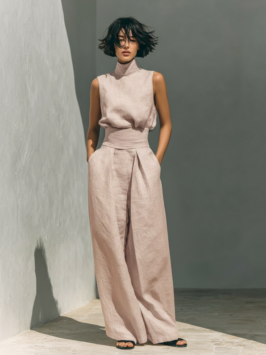 Maria - Minimalist Women's Cotton and Linen Tank Top and Wide-Leg Trousers Set