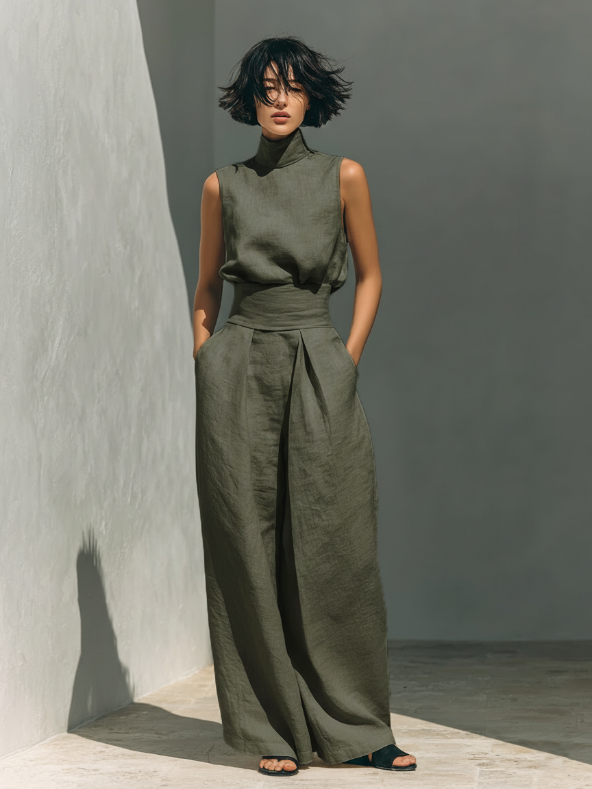 Maria - Minimalist Women's Cotton and Linen Tank Top and Wide-Leg Trousers Set