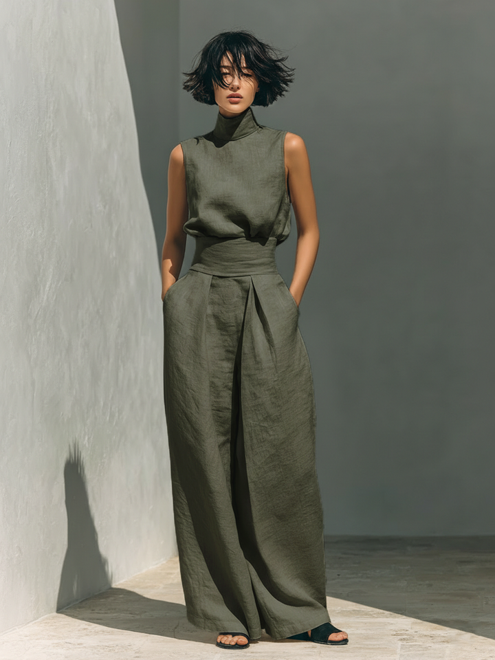 Maria - Minimalist Women's Cotton and Linen Tank Top and Wide-Leg Trousers Set