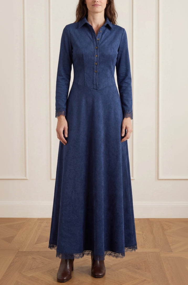 Marie Long Suede Dress with Shirt Collar and Lace