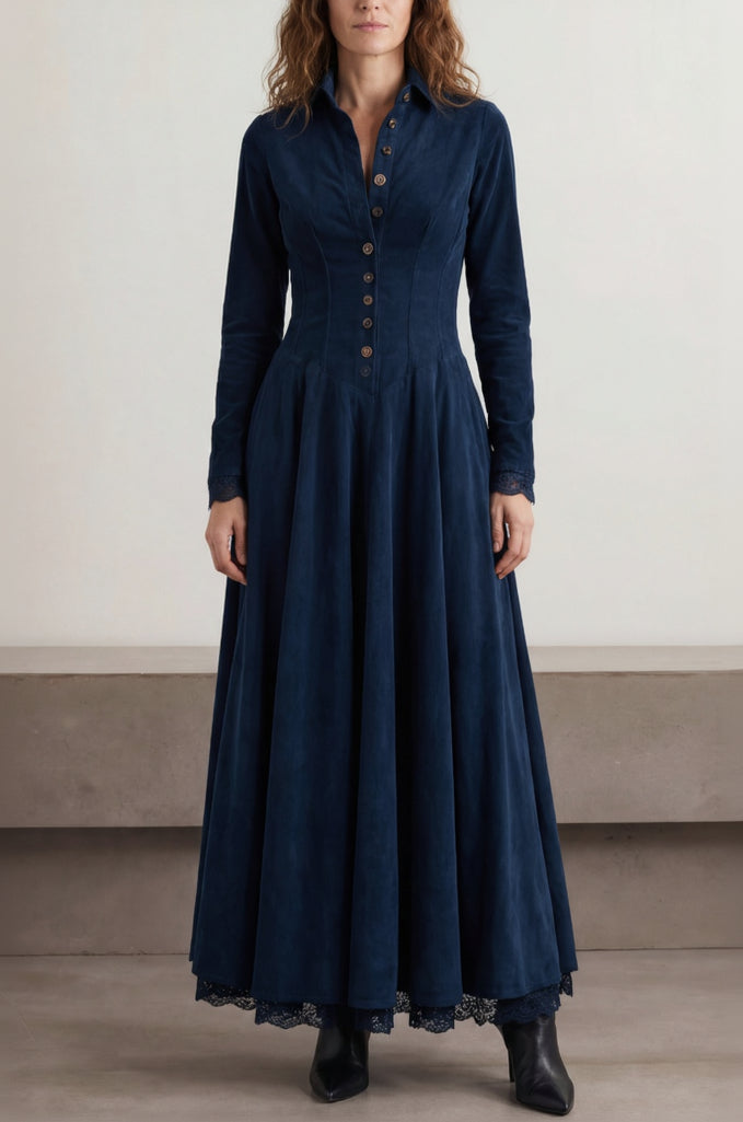 Maravilla Long Suede Dress with Shirt Collar and Lace