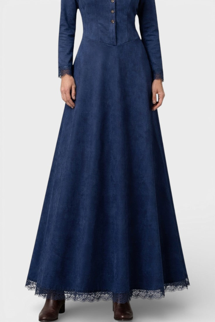 Marie Long Suede Dress with Shirt Collar and Lace