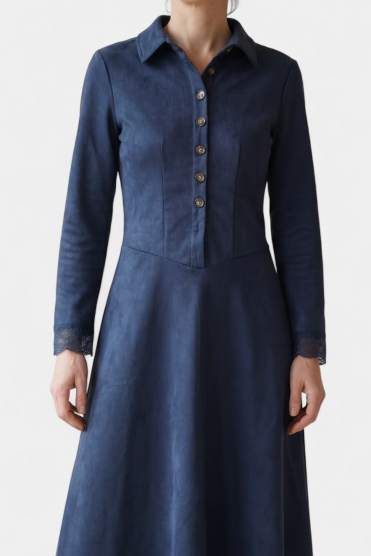 Marie Long Suede Dress with Shirt Collar and Lace