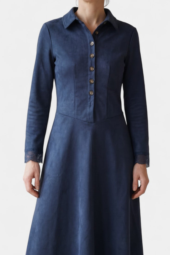 Marie Long Suede Dress with Shirt Collar and Lace