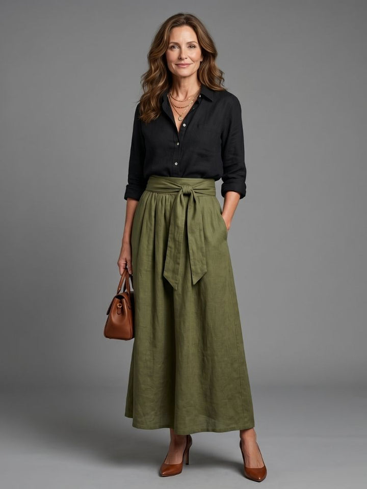 Vera | Elegant Two-Piece Set Black Blouse Olive Green Midi Skirt