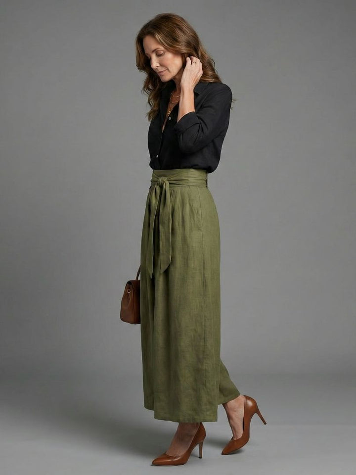 Vera | Elegant Two-Piece Set Black Blouse Olive Green Midi Skirt