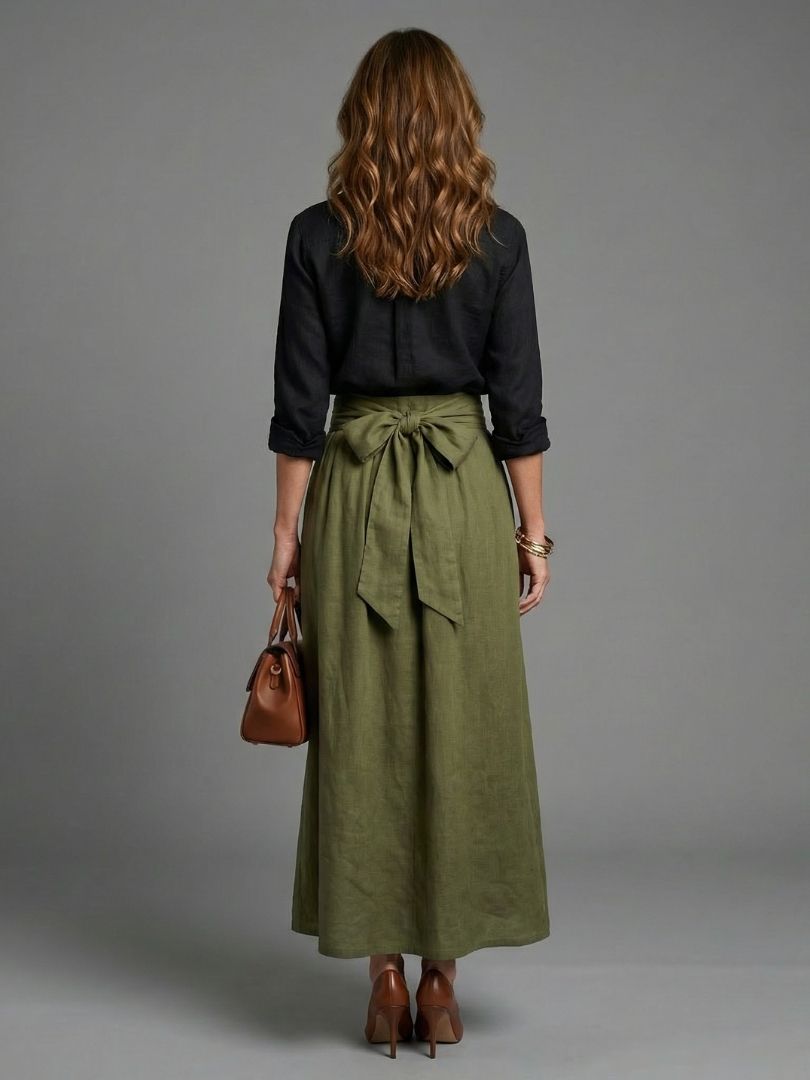 Vera | Elegant Two-Piece Set Black Blouse Olive Green Midi Skirt