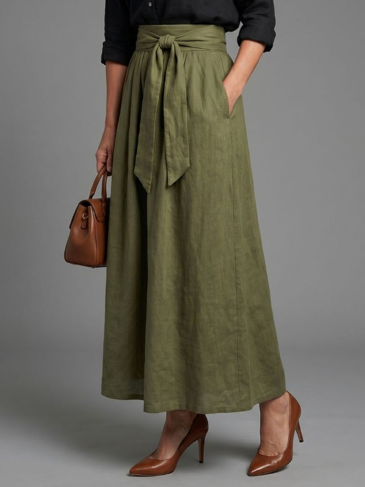 Vera | Elegant Two-Piece Set Black Blouse Olive Green Midi Skirt