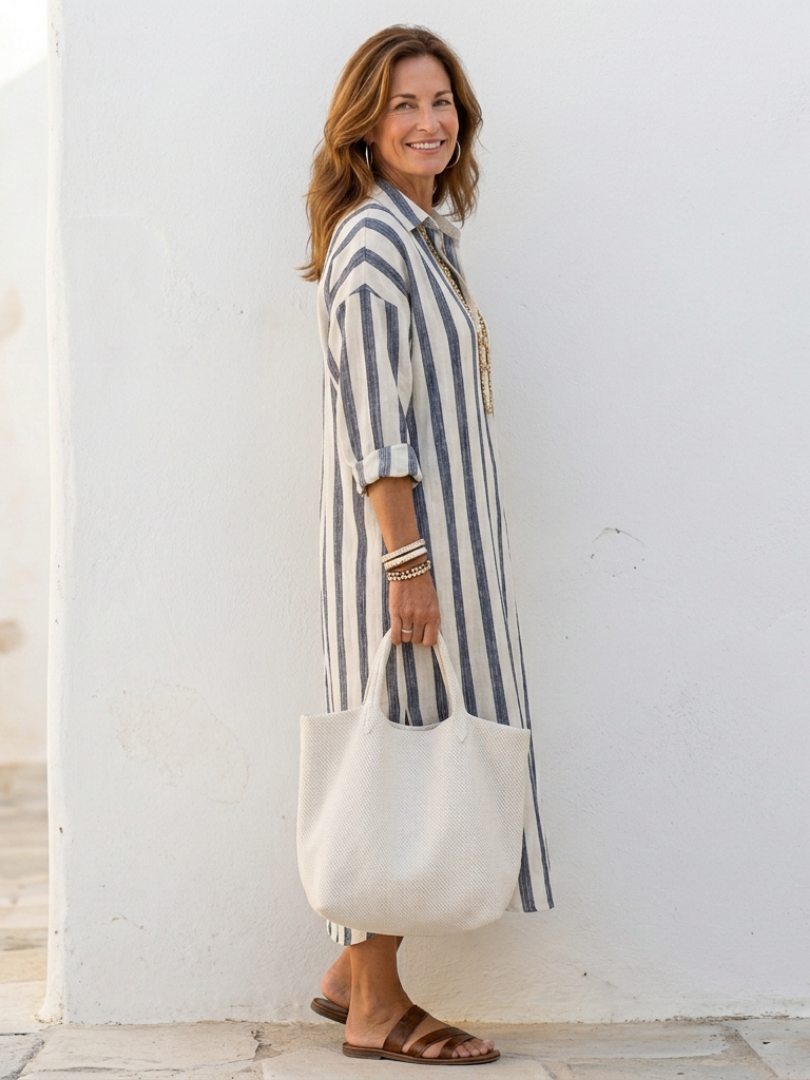 Naomi | Striped Long Sleeve Midi Shirt Dress