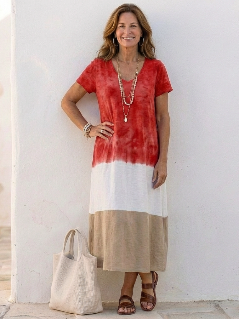Thalia | Short Sleeve V-Neck Colour Block Midi Dress