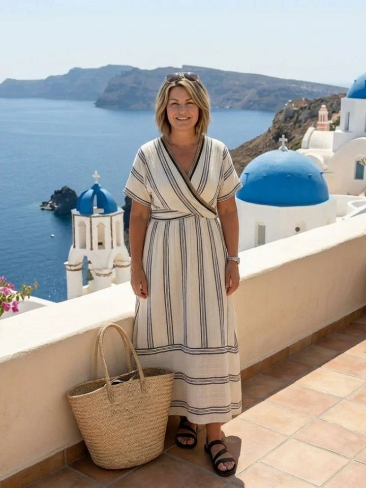 Thalassa | Wrap V-Neck Midi Dress with Short Sleeve