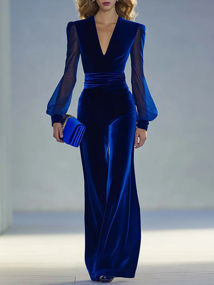 Sabrina™ - Long Velvet Jumpsuit with V-Neck and Long Sheer Sleeves, Elegant and Retro