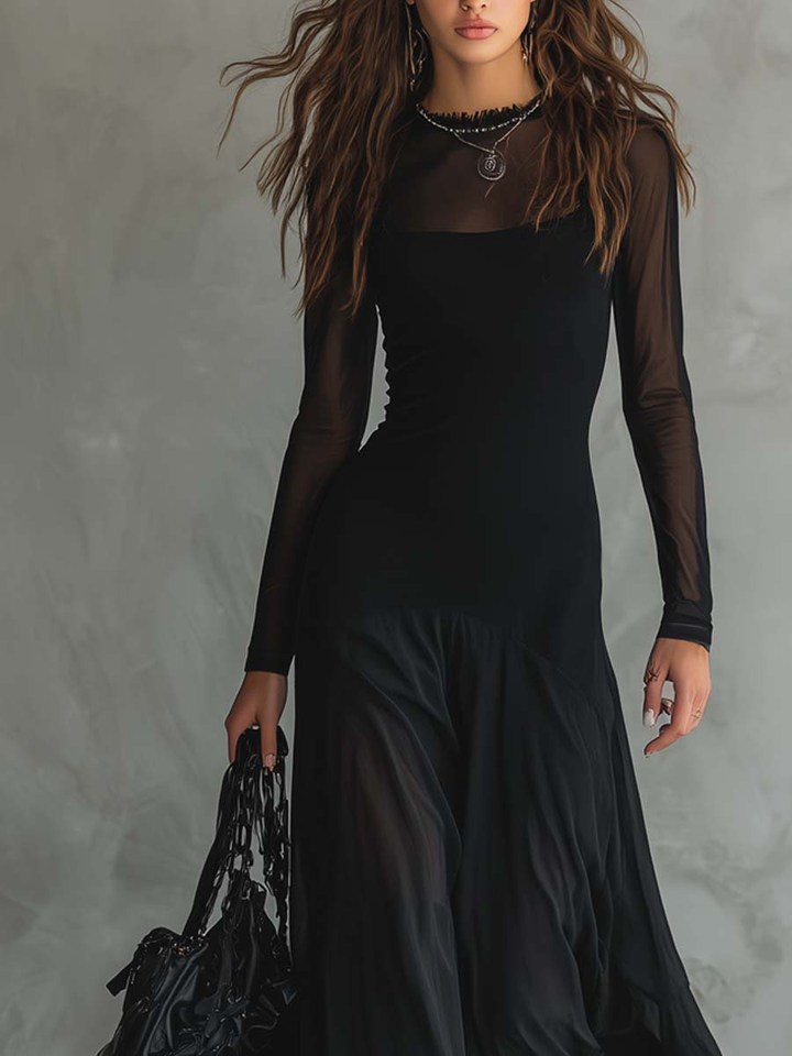Neroa • Wide-Cut Black Tulle Maxi Dress