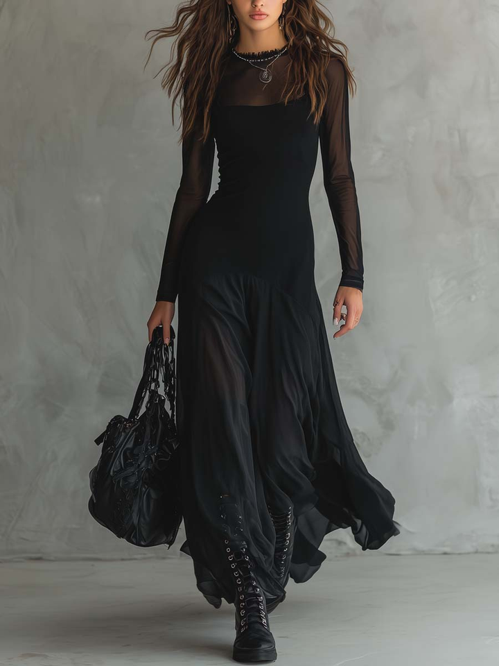 Neroa™ Black Tulle Maxi Dress with Loose Fit