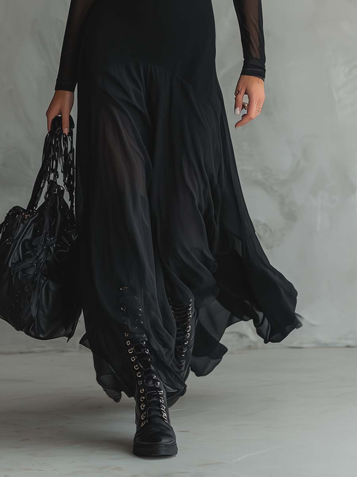 Neroa • Wide-Cut Black Tulle Maxi Dress