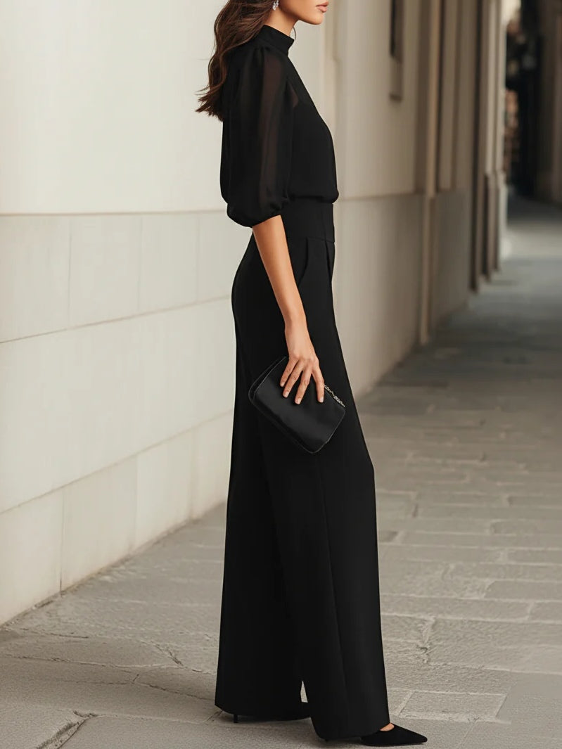 Valentina • Black Three-Piece Set with Sheer Tank Top and Wide-Leg Trousers