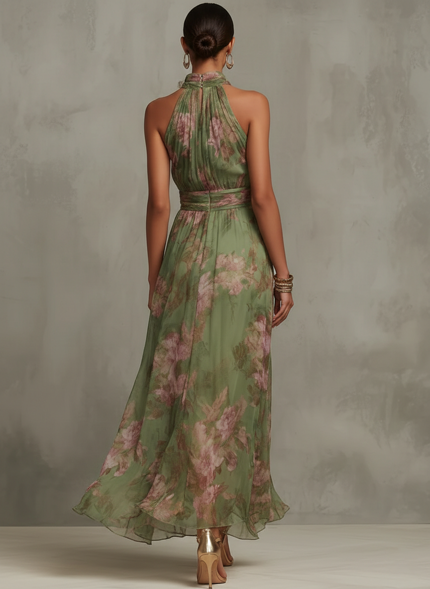 Serena | Long Green Floral Chiffon Dress with Halter Neck