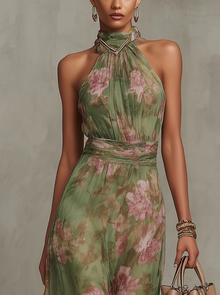 Serena | Long Green Floral Chiffon Dress with Halter Neck