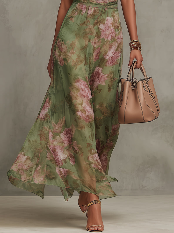 Serena | Long Green Floral Chiffon Dress with Halter Neck