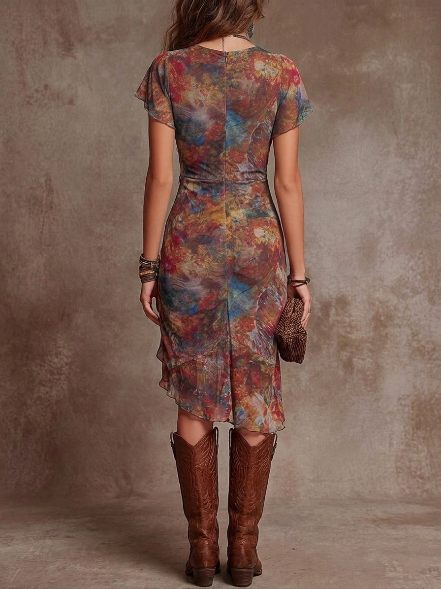 Martina · Pleated V-Neck Midi Dress with Bohemian Abstract Art Print