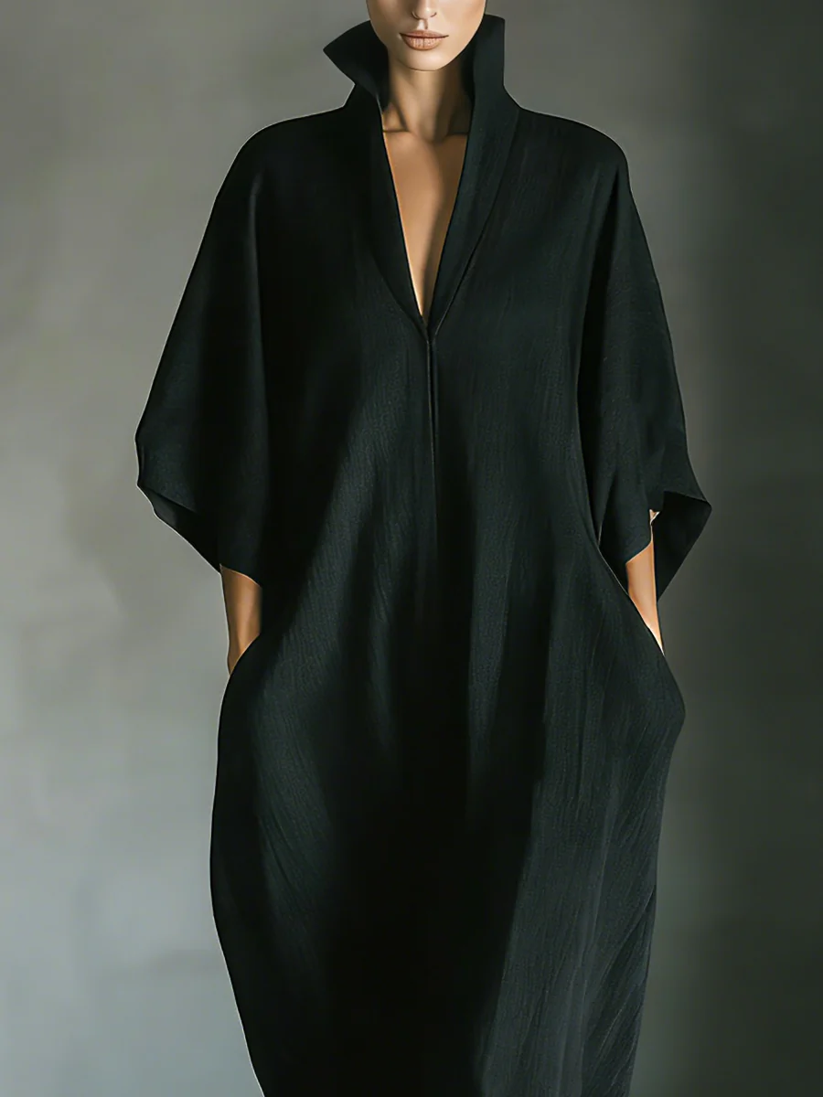 Alessandra • Minimalist Oversized Long Black Dress with Kimono Sleeves