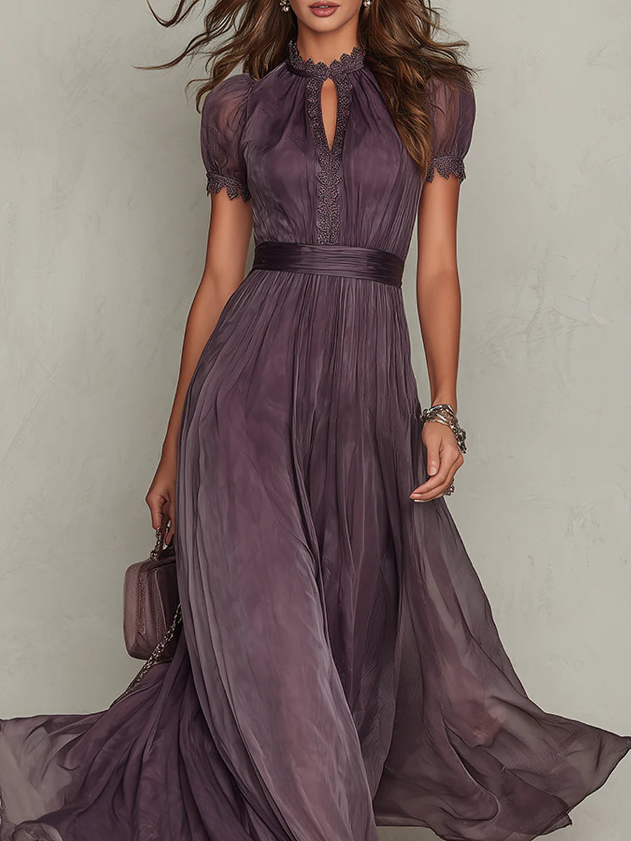 Flavia • Long Purple Dress with Keyhole Neckline and Chiffon Lace Trim