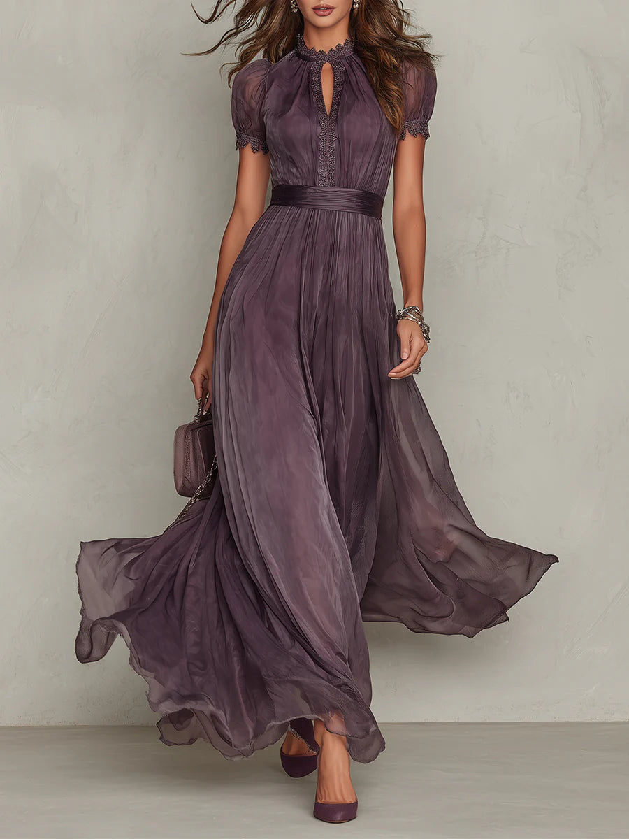 Flavia • Long Purple Dress with Keyhole Neckline and Chiffon Lace Trim