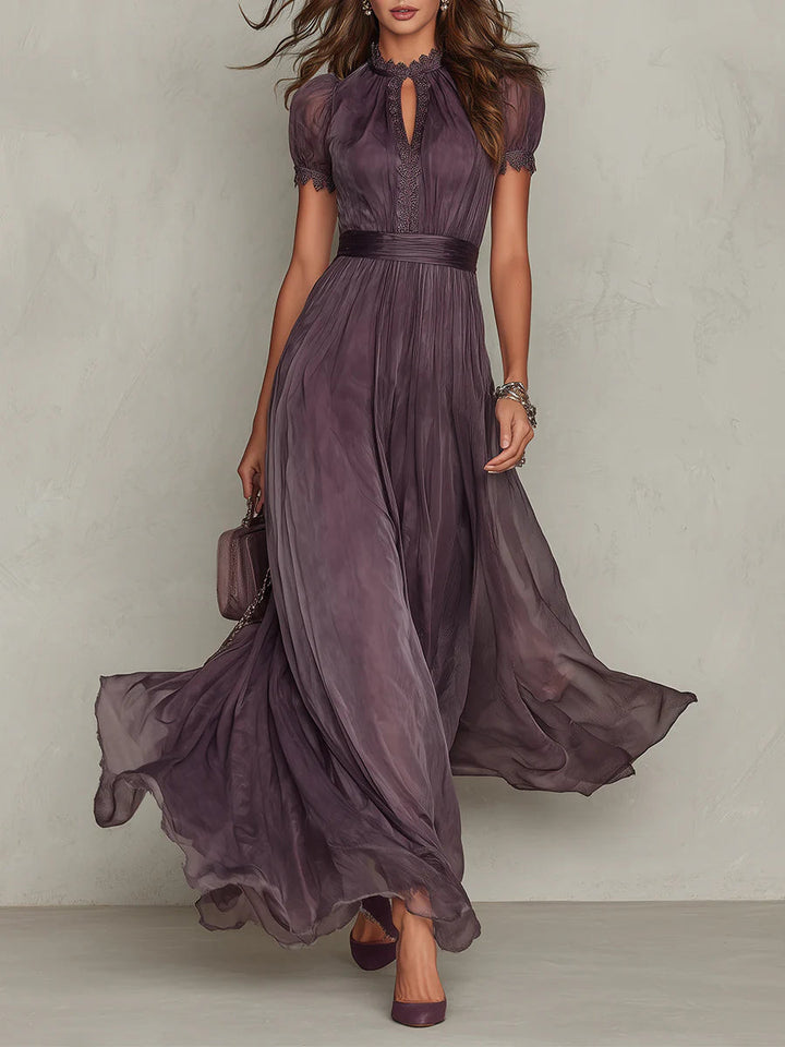 Flavia • Long Purple Dress with Keyhole Neckline and Chiffon Lace Trim