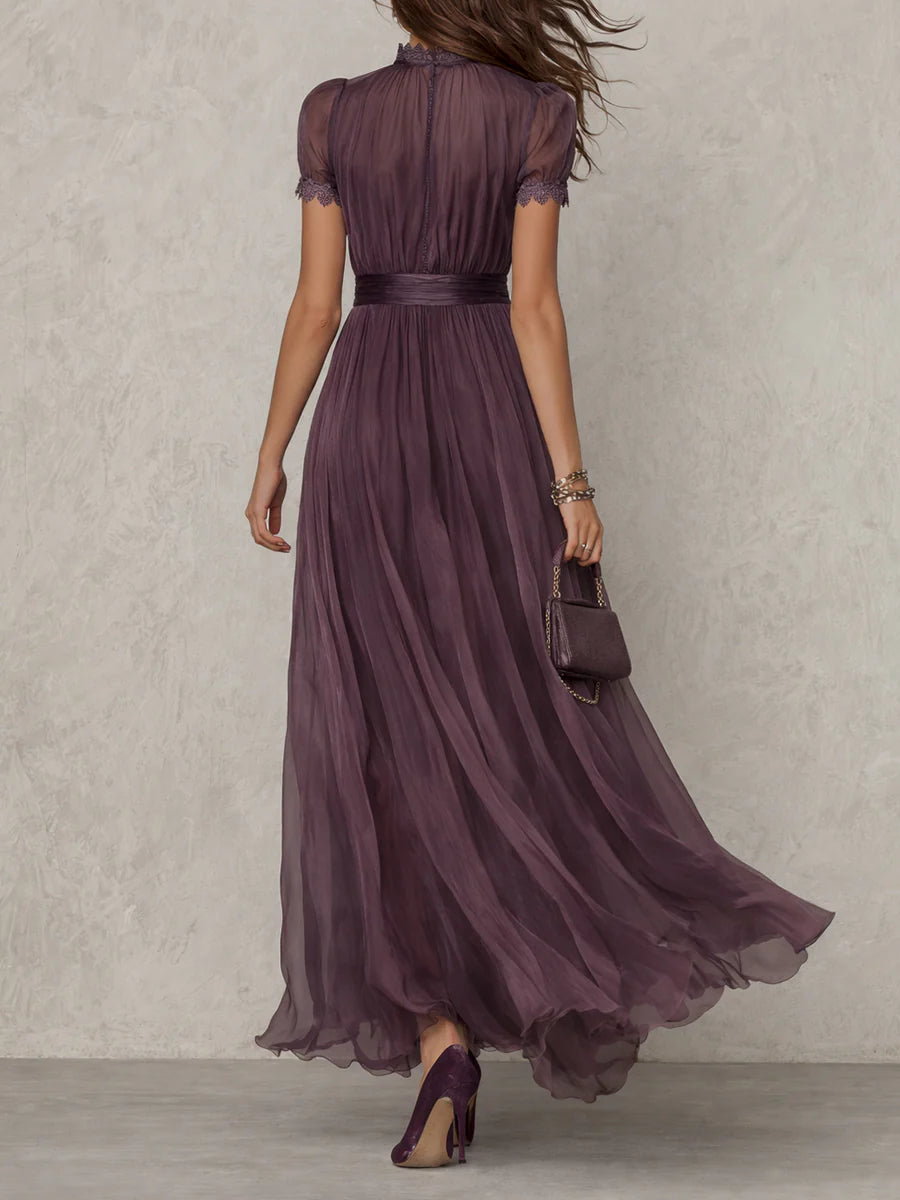 Flavia • Long Purple Dress with Keyhole Neckline and Chiffon Lace Trim