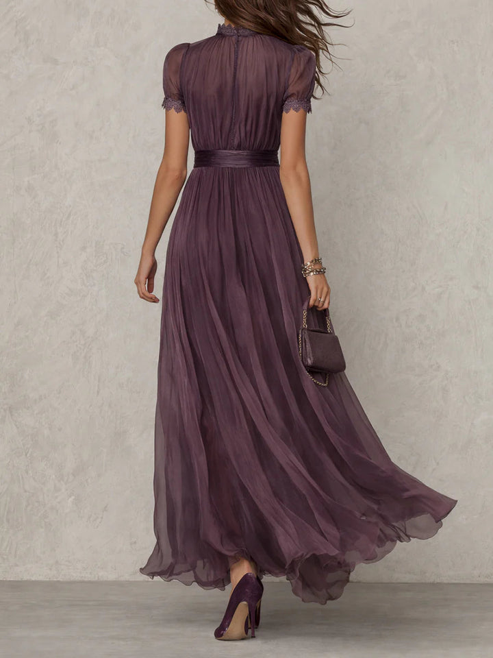 Flavia • Long Purple Dress with Keyhole Neckline and Chiffon Lace Trim