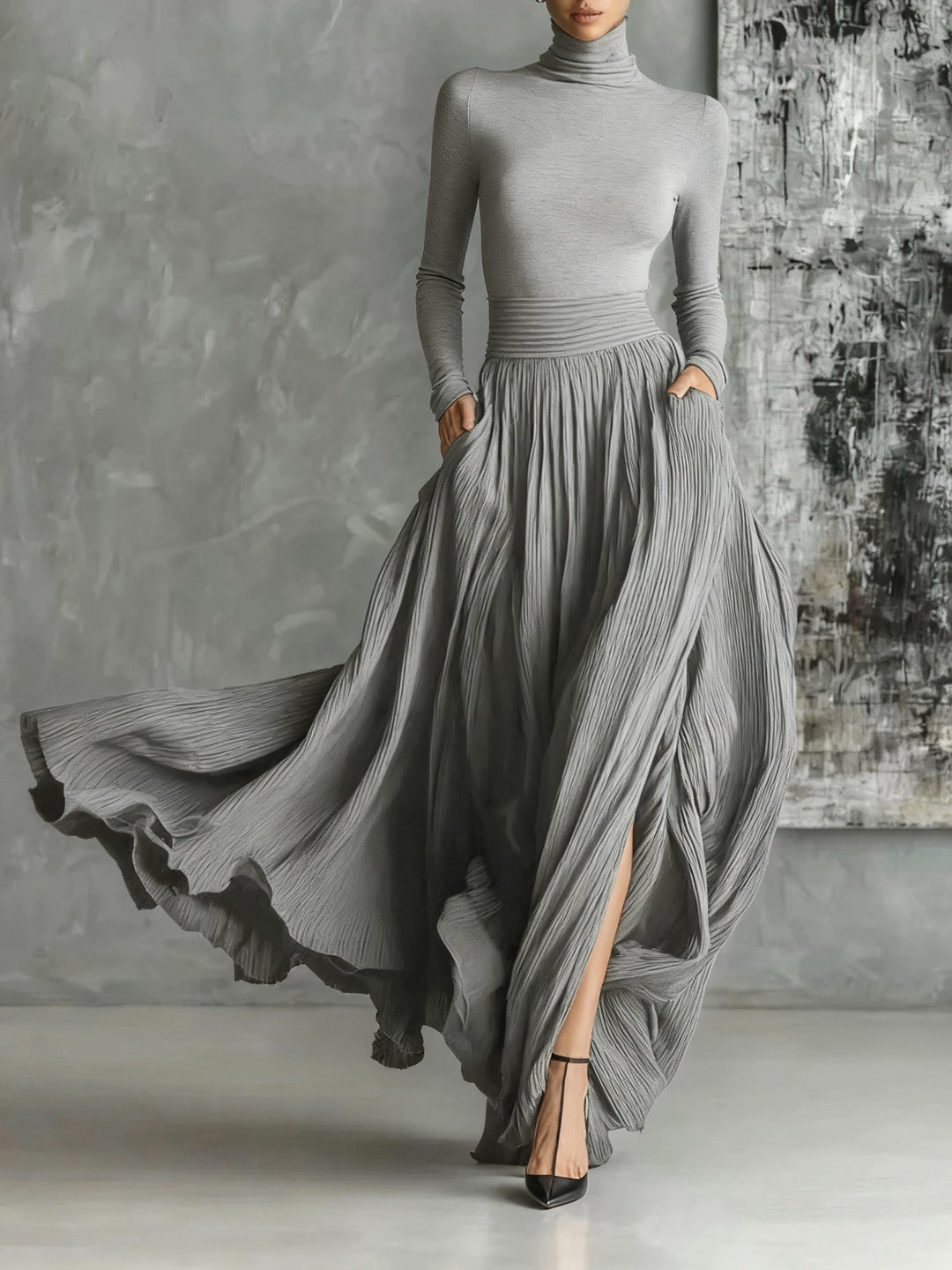 Michela™ - Pleated Skirt and Black Long Sleeve Fitted T-Shirt Set