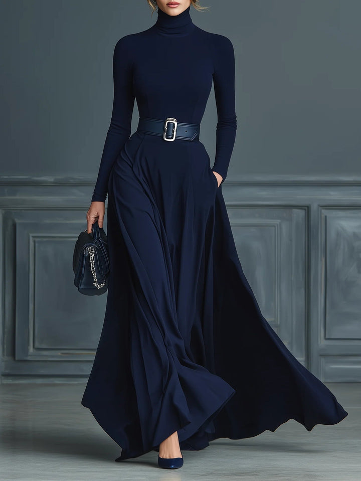 Francesca™ - Dark Blue Knitted Dress with High Neck
